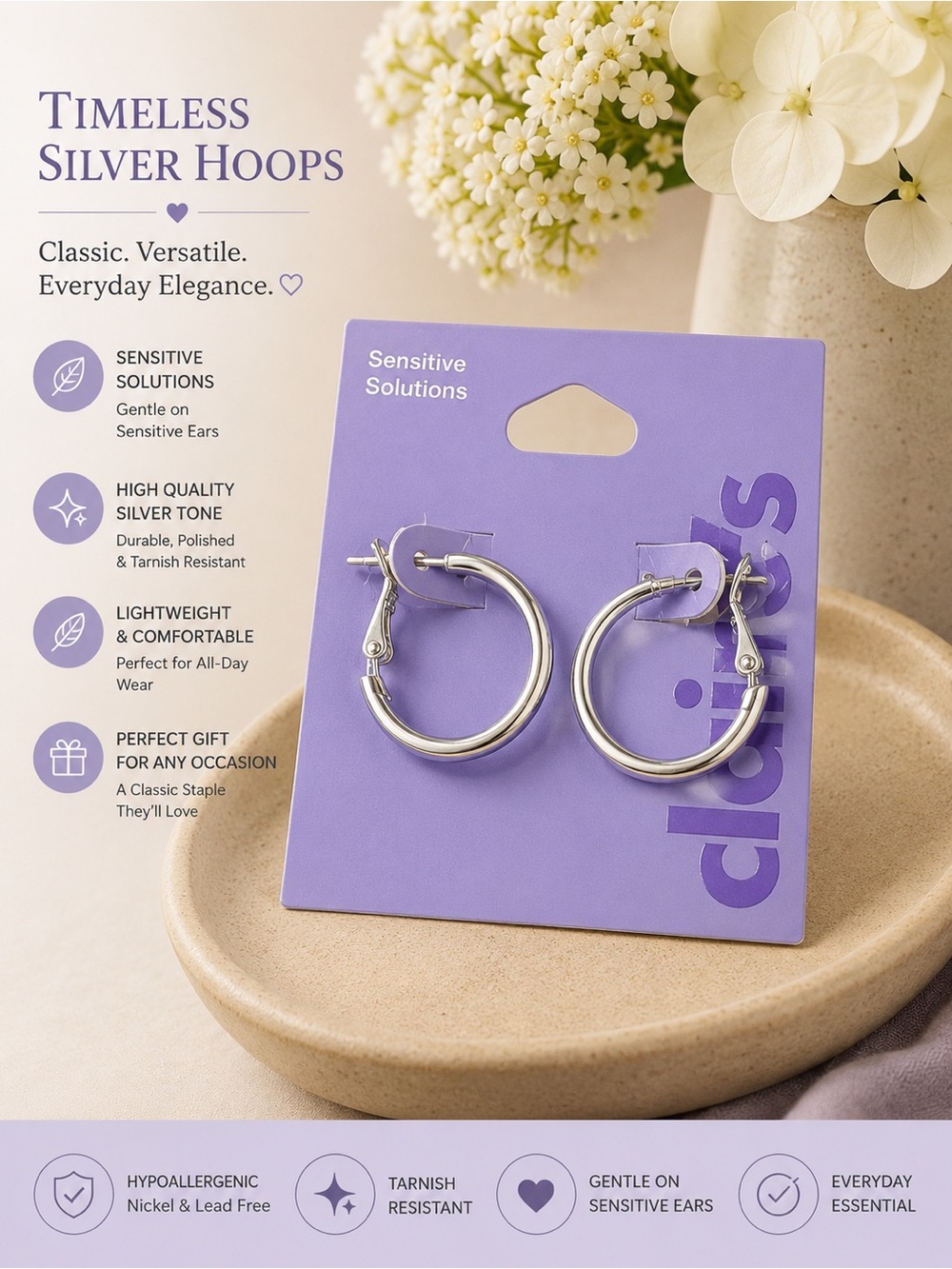 Claire’s Sensitive Solutions Silver Hoops- NEW